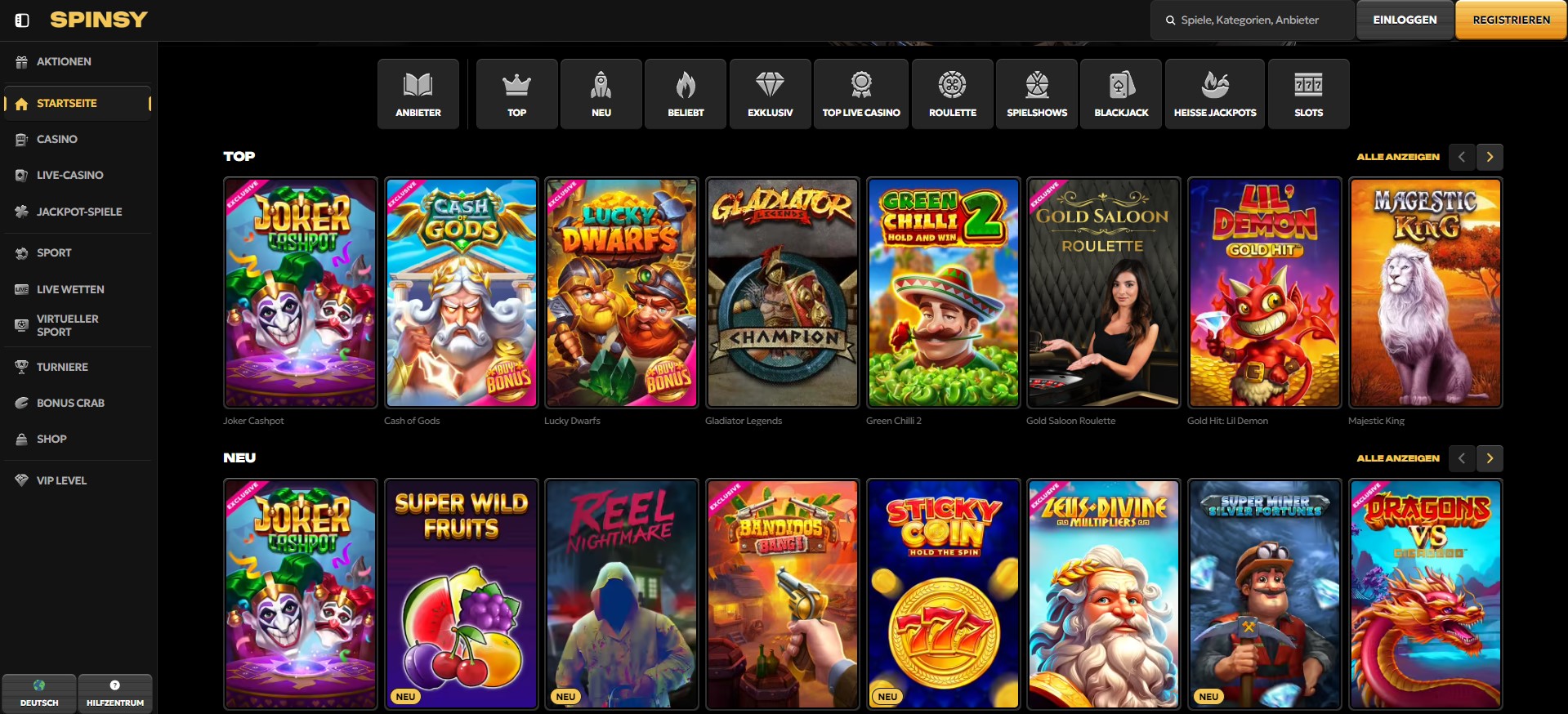 Spinsy Casino-Website, die eine breite Auswahl an beliebten Spielautomaten und Spielen zeigt. Zu den angezeigten Spielen gehören unter anderem Joker Cashpot, Cash of Gods, Lucky Dwarfs, und Gladiator Legends. Perfekt für Spieler, Online Casino Bonus suchen.