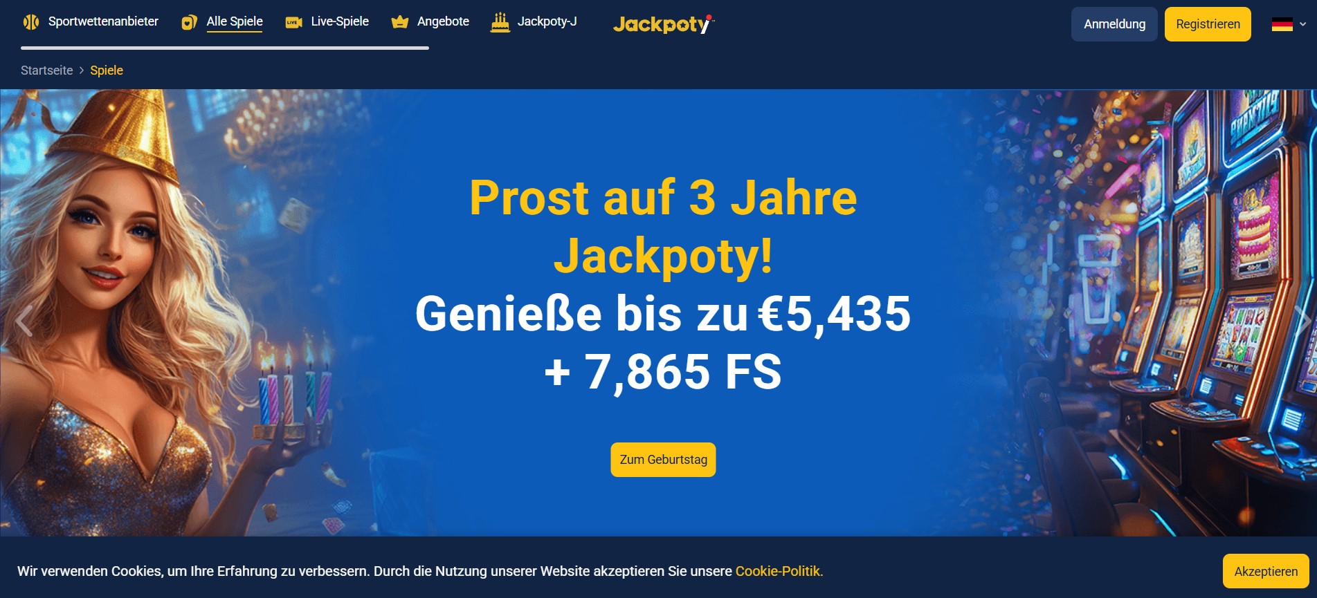 Feierliches Jubiläumsbild von Jackpoty mit einer Frau im Glitzerkleid, bunten Kerzen und blinkenden Spielautomaten – perfekt für Fans von Slots und Live Casinos in Deutschland.